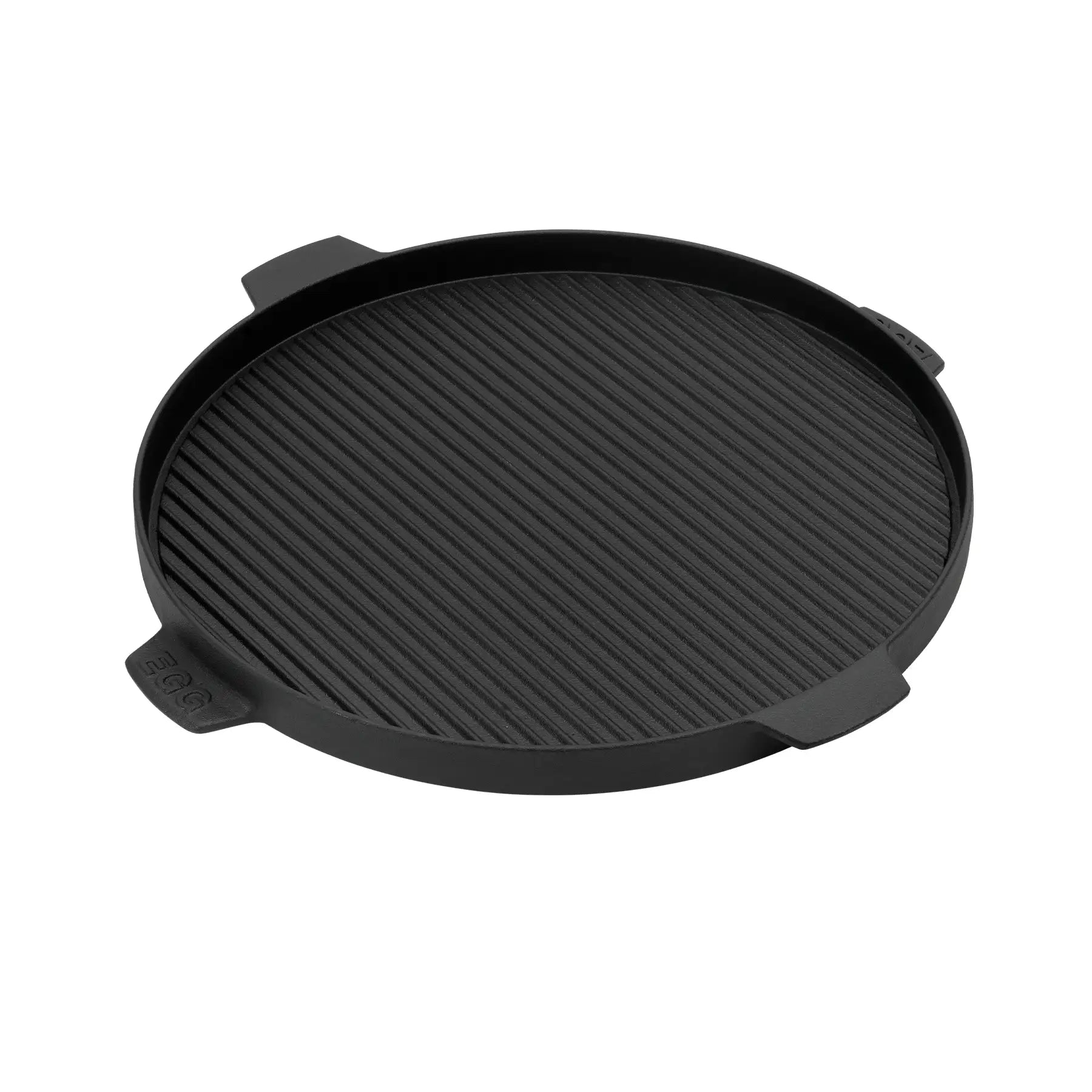 Black round grill pan with ribbed surface on a white background