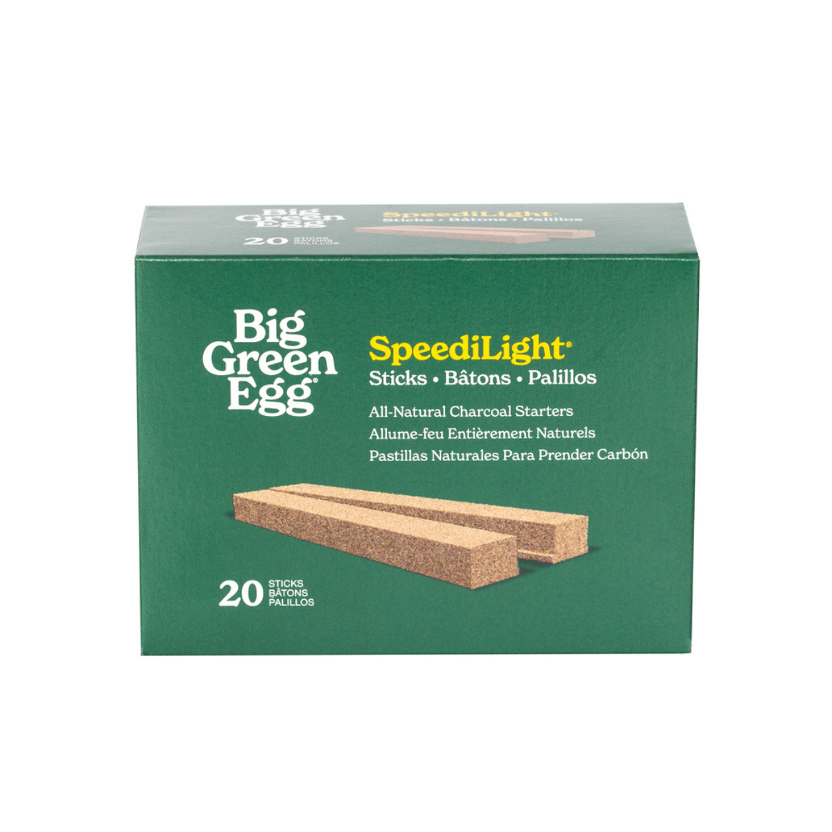 A green box of Big Green Egg SpeediLight sticks, showing two natural charcoal starter sticks and indicating 20 packs.