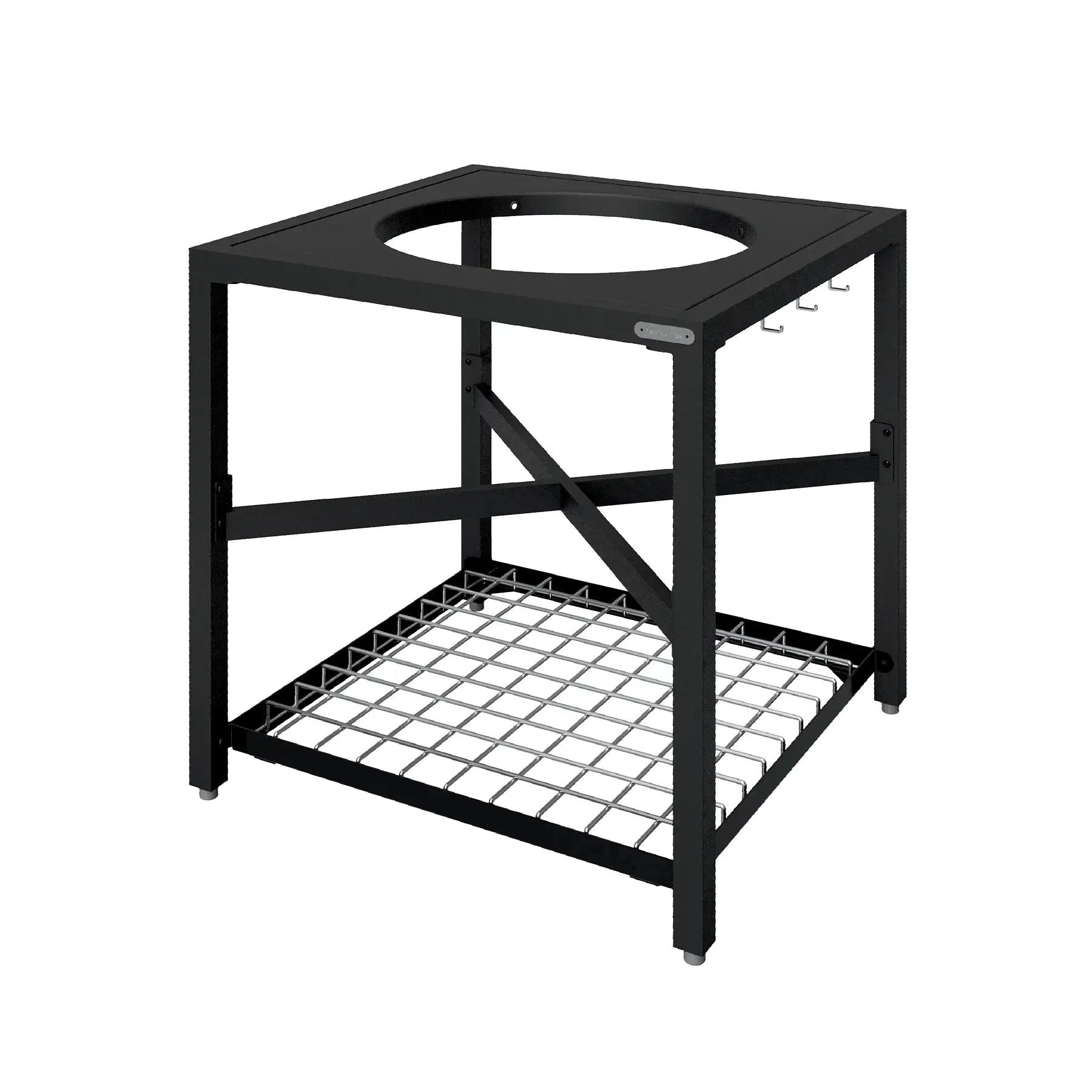 Black metal shelving unit with a grid shelf on a white background
