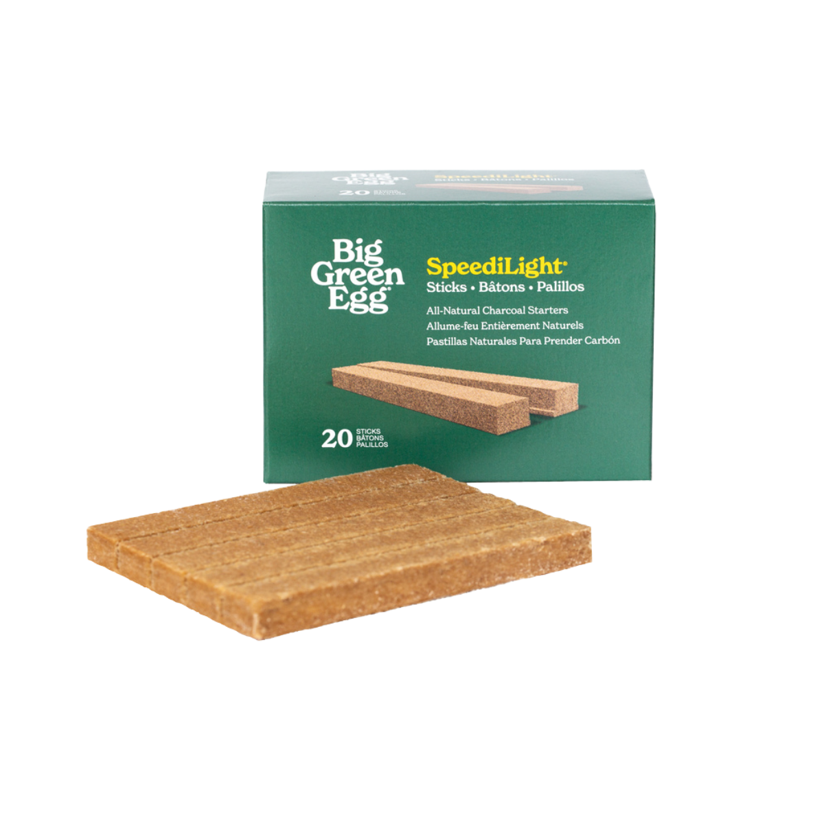 Big Green Egg SpeediLight all-natural charcoal starter sticks shown with their green retail box.