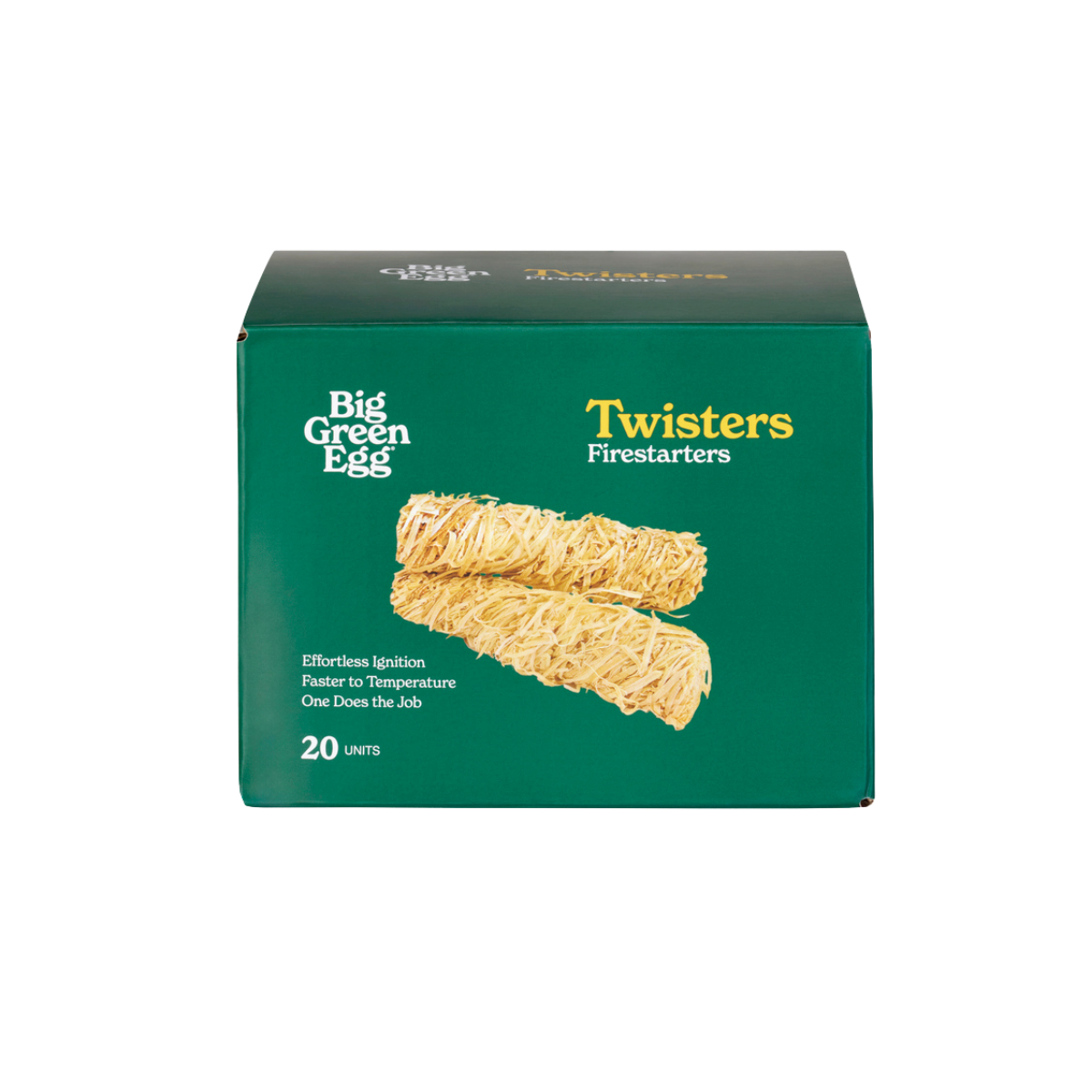 A box of Big Green Egg Twisters Firestarters, featuring a dark green packaging box with an illustration of two fire starter nests and product text.